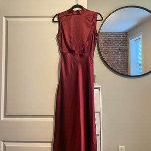 Classic Elegance Wine Satin Sleeveless Mock Neck Maxi Dress